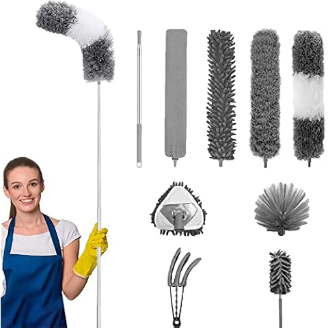 9 Pcs Microfiber Duster Kit for High Ceiling, Microfiber Duster with Extension Pole 30-100 Inches, Reusable Bendable Long Handle Feather Duster Kit for Cleaning High Ceiling Fan, Furniture Cover