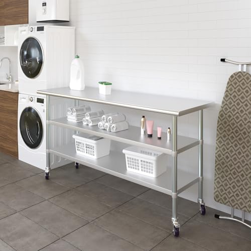 Image of AmGood Stainless Steel Work Table with 2 Shelves and Casters | Metal Utility Table On Wheels (Stainless Steel Work Table with 2 Shelves + Casters, 72 inch Long x 24 inch Deep)