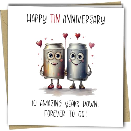 Oscar Finks Funny Cute 10th Anniversary Card Unique Design Happy Tin Anniversary 10 Years Down Forever to Go #1734