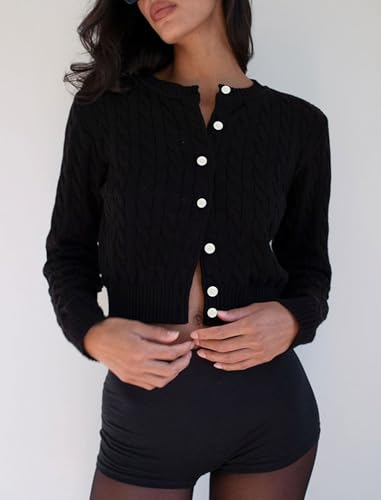 Balimtoy Women Cable Knit Cardigan Cropped Long Sleeve Crew Neck Button Down Sweater Cardigans Cute Y2k Fall Jackets4