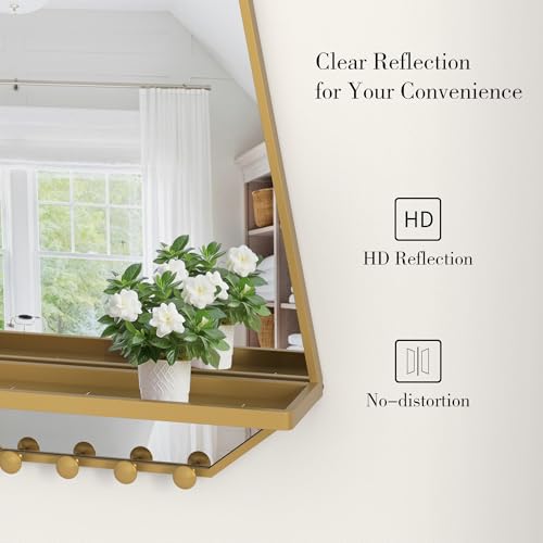 Image of BEAUTME 26x20 inch Bathroom Mirror with Shelf, Irregular Hexagonal Metal Wall Mirrors with Hooks, Bathroom Vanity Mirror Farmhouse, Wall Mounted Mirror Decor for Living Room Bedroom Entryway (Gold)