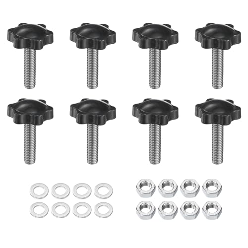 Image of sourcing map 8pcs Star Clamping Knobs with Nuts Washers, M8 x 30mm Metric 304 Stainless Steel Male Thread 32mm 6-Star Plastic Head, Threaded Stud Hand Knobs Handles Thumb Screws, Black