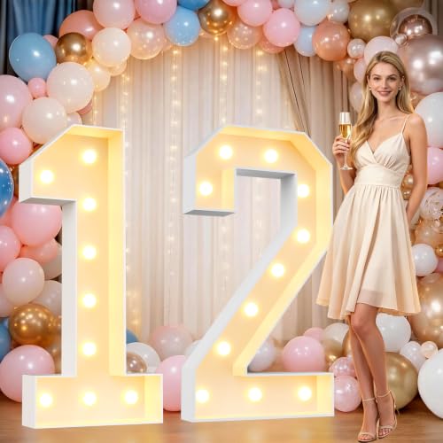 Image of Pooqla 4FT Marquee Numbers, Large Light Up Number 12th Birthday Party Decor | Warm White LED Marquee Light Up Numbers 4 Feet Tall, Party Decorations for 12th 21st Birthday Anniversary Photo Backdrop