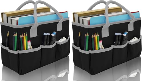 Image of Cupohus Art Organizer Craft Storage Tote Bag with Pockets and Hadles, Oxford Fabric Carrying Caddy for Teacher, Officer, Artist, Students, Traveler, and more - Black with Grey Edge (Pack of 2)
