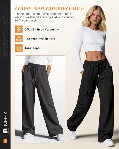 Neer 3 Pack Women's Cargo Sweatpants Wide Leg Baggy Elastic Drawstring Pants Casual Cotton Athletic Joggers with 4 Pockets4