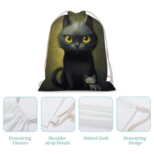 Black Cartoon Cat with Yellow Eyes Drawstring Backpack Canvas String Bag Lightweight Sports Gym Bag for Men Women4