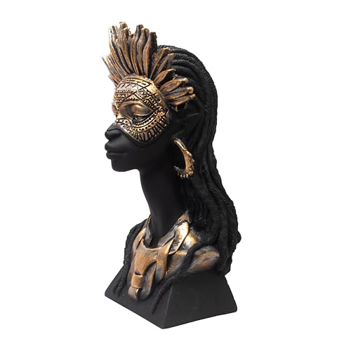 Image of Tribal Queen Bust Sculpture Black and Gold Resin Figurine with Feathered Headdress and Dreadlocks, African Queen Decorative Statue for Living Room, Office, Shelf, Tabletop Home Decor