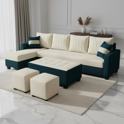 Image of FURNY Avenue 8 Seater Fabric LHS L Shape Sofa Set with 1 Centre Table & 2 Puffy (Cream-Greenish Teal) Premium Velvet Finish