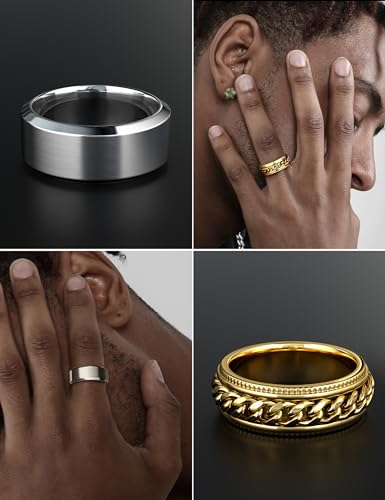 FIASASO 9Pcs Rings for Men Gold Silver Mens Rings Stainless Steel Wedding Bands for Men 8MM Width Mens Wedding Band Ring Set Silver Black Gold Male Promise Bands Ring Size 6-143