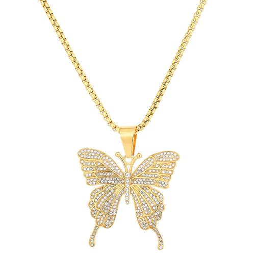 18K Gold Plated Iced Out Stainless Steel Animal Butterfly Pendant Necklace