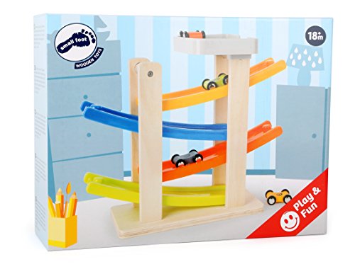 Small Foot 10602 Pista de Pisos de Madera con Cuatro Coches de Carreras de Colores Que Pueden adjuntar estacionamiento