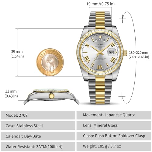 Image of NIBOSI Watches for Men Analog Quartz Diamond Bezel Stainless Steel Dial Rose Gold Silver Mens Watch Waterproof Business Classic Dress Wrist Watch with Day Date