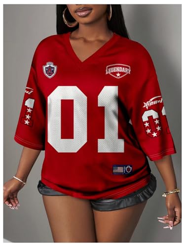 WDIRARA Women's Oversized Jersey Shirts Number Graphic Tee V Neck Half Sleeve T-Shirt Tops4