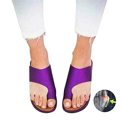 W&TT Verano Mujeres Sandalias Zapatos de Suela Plana PU Zapatillas de Cuero Antideslizante Resistente al Desgaste Zapatillas cómodas para ortopédica Dedo Gordo del pie de la Playa Travel,Purple,37