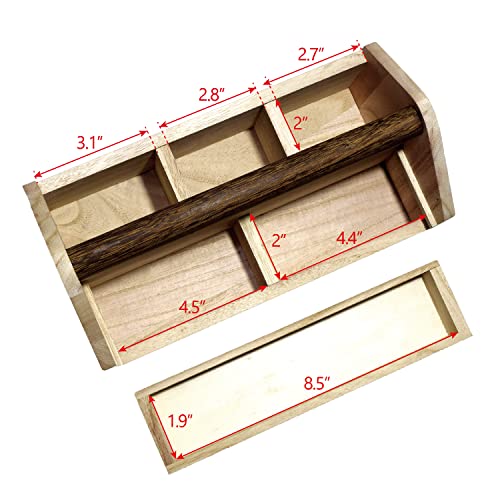 Image of Ikee Design Small Natural Wood Color Wooden Craft Tool Box Caddy with a Handle for Storage Tool, Makeup, Collections with 5 Compartments for Storage and Organizing, 10 W x 5.1 D x 3.5 H in
