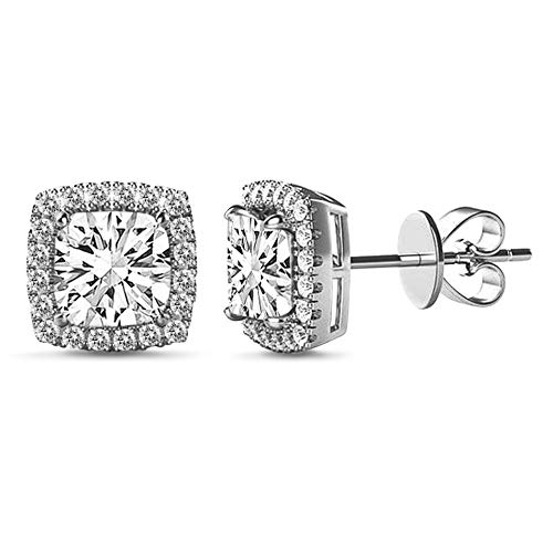 Devin Rose Sterling Silver Halo Square Cubic Zirconia Stud Earrings for Women