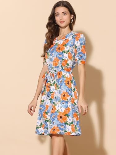 Image of Allegra K Women's Vintage Peter Pan Collar High Waist Flowy Midi Puff Sleeve Floral Dress