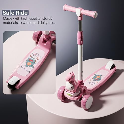 Image of Baybee Dino Blaze Kick Scooter for Kids | 3 Wheel Skate Scooter with RGB LED Wheels & Music | 3 Height Adjustable T-Bar Handle & Rear Brake | Foldable Skate Scooter for Kids 3 to 8 Years (Dark Pink)