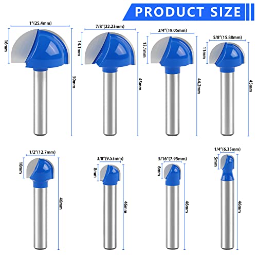 Cove Box Router Bit Set ,Newdeli 8Pcs 1/4 Inch Shank Round Nose Router Bit-1/4 5/16\" 3/8\" 1/2\" 5/8\" 3/4\" 7/8\" 1\" Cutting Diameter, Solid Carbide Double Flute Cove Box Round Nose Woodworking Tool