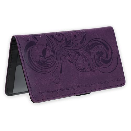 Christian Art Gifts Purple Faux Leather Checkbook Cover for Women - I Can Do Everything Through Him - Bi-fold Checkbook Cover for Duplicate Checks ID Credit Cards & Pen Loop Holders - Philippians 4:13