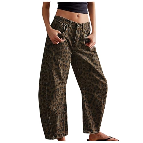 Jean wide leg cropped denim barrel à imprimé léopard vintage