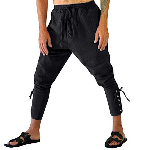 Mcaishen Explosión de Verano Pies Leggings Pantalones Pantalones Harlan para Hombre Color sólido Loose Ocasional Medieval, Europeo y Americano Pantalones, Corbata Elasticidad de algodón(M,Black) Cover