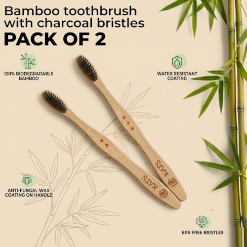 Image of KATS Organic Bamboo Toothbrush for Adults (Pack of 2), Charcoal Activated Soft Bristles, Identification Marks, Biodegradable, Anti-Bacterial, Eco-friendly, Natural, Manual