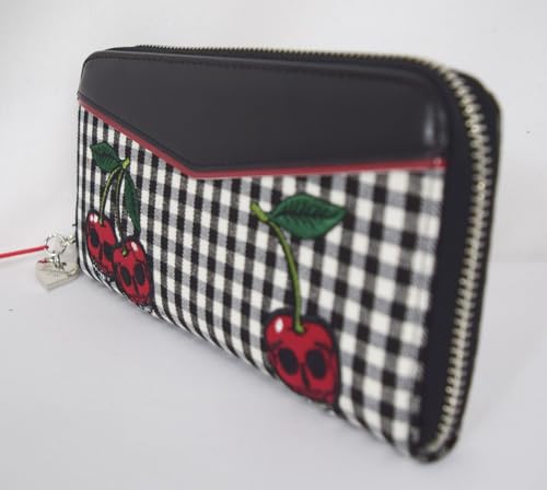 Women’s Rockabilly Retro Zip Around Wallet – Gingham Skull Cherry embroidered, Retro Vintage large clutch4