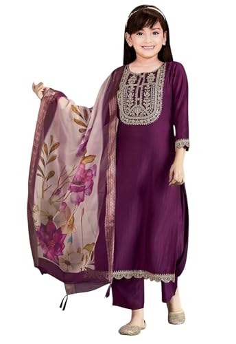 Image of Girls Ethnic Outfit | Embroidered Silk Girls Salwar Suit | Kurta Pant and Jacquard Dupatta Set
