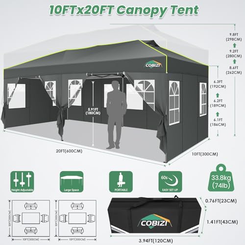 Image of COBIZI 10x20 Pop Up Canopy Tent with 6 Removable Sidewalls, Outdoor, Gray