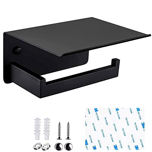 Autoadhesivo Papel HigiéNico, Porta Rollos de Papel Higienico con Estante, Portarrollo Papel HigiéNico Acero Inoxidable Sus304 para BañO Cocina, Negro Cover