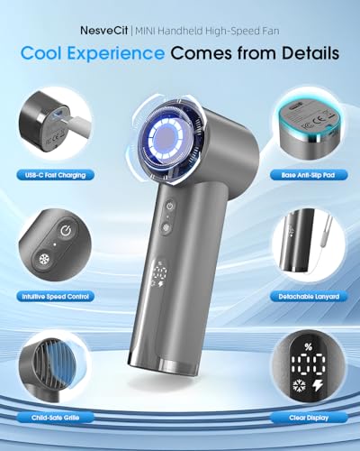 NesveCit Portable Fan Handheld, Rechargeable Portable Fan 18000RPM Ultra-Powerful Turbo with 100 Speeds, Personal Mini Fan, 9m/s High-Speed Hand Small Cooling Fan for Travel, Outdoor, Gifts for Women — view 6
