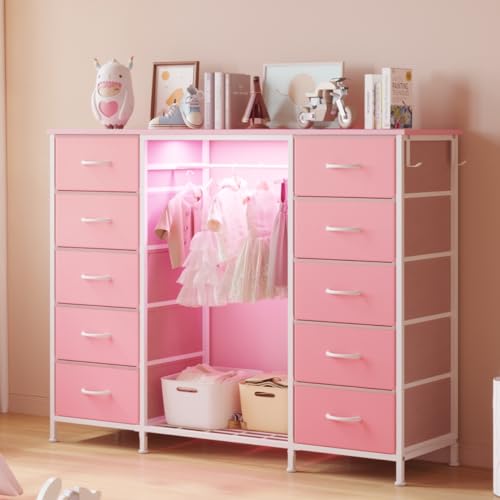 Image of LUMTOK 2-in-1 Dresser with Hanging Rack, 10 Drawers Dresser for Bedroom,Dressers with Fabric Drawers,LED Lights, Charging Station and Hanging Racks for Bedroom (Pink)