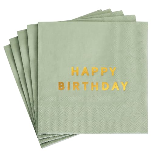 Vuzvuv 52 Pack Gold Foil Happy Birthday Cocktail Napkins - Birthday Party Dinner Hand Napkin for Party Supplies Decorations Table Decor for women man(5 Folded 3 Ply-Sage Green)