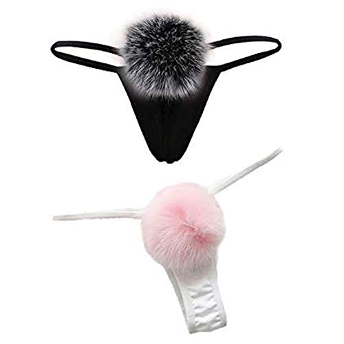 ADESUGATA Damen Tanga Sexy – Mädchen Plüsch Ball Anime Cosplay Kostüm Unterwäsche Sexy Höschen T-Rücken Niedlicher Kaninchenschwanz G-String Fell Ball Club Bikini Slip Höschen 2 Pack