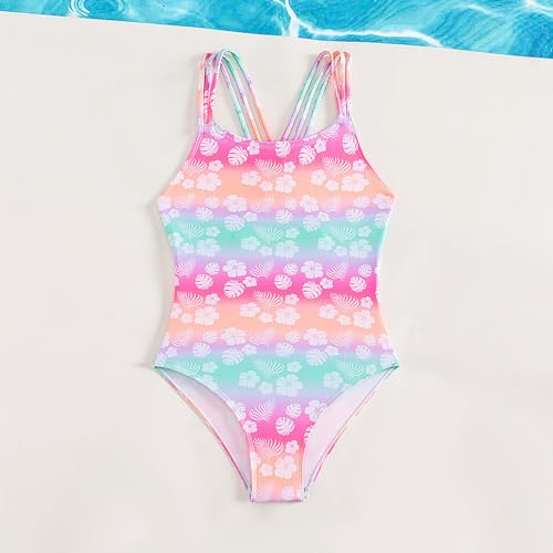 Girls Swimsuit Teens One Piece Tie Dye Criss Cross Back Rainbow Bathing Suits Kids Cute Floral Beach Swim Swimwear4
