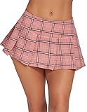Avidlove Women Pleated Mini Skirt Plaid Lingerie Skirts Dark Pink