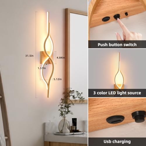 Image of Battery Operated Wall Sconces Set of 2, Wood 31.4'' LED Dimmable Wall Sconce with Remote Control, Adjustable Color Temperature Brightness for Living Room Bedroom and Hallway USB Rechargeable Lighting