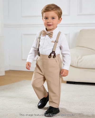 Image of SANGTREE Baby Suits for Boys Gentleman Wedding Outfits Long Sleeve Dress Shirt Suspender Pants Bowtie Boy Clothes Set, 1-6T