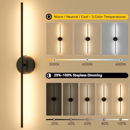 Image of Ouyulong Battery Operated Wall Sconces Set of 2, 8000mAh Wireless Rechargeable 3000-6000K Dimmable 350 Rotate Wall Light with Remote for Living Room, Bedroom 31.6in Black