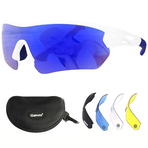 OUTDOORSPARTA Occhiali da Ciclismo (9. Cornice Bianca, Lentilles Entièrement Plaqué Blu)
