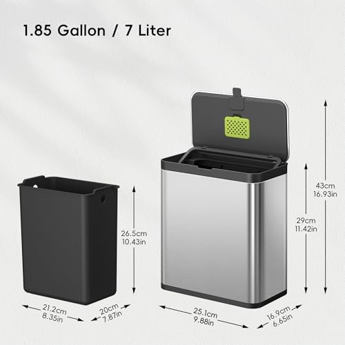 EKO Kitchen Compost Bin, 7L / 1.85 Gal Stainless Steel with Removable Inner Bucket and Deodorizer Compartment, 2-in-1 Countertop Compost Bin with Lid, Food Waste Caddy for Kitchen (MMT & Black Finish) - Thumbnail 2
