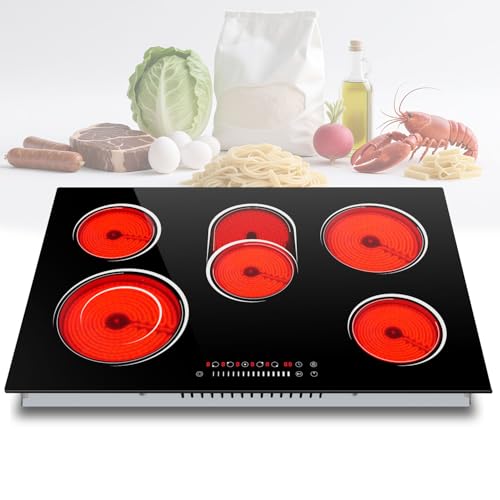 Nefaracy 30 Inch Electric Cooktop 8400W, 5 Burner Electric Stove Top with Slider Control, Built-in Ceramic Cooktop 30'', Dual Oval Zone, Timer & Safety Lock, Hot Surface Indicator, 220V, Hard Wire