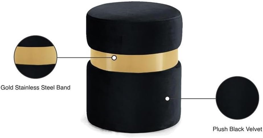 Meridian Furniture Hailey Collection Modern | Contemporary Velvet Upholstered Ottoman/Stool with Stainless Steel Band, 14.5" W x 14.5" D x 17.5" H, Black