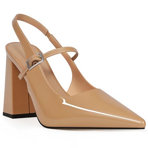 heelchic Women's Pumps Slingback Chunky Heels Closed Pointed Toe Comfortable Low Block Heel Slip-on Sandals Wedding Party Dress Shoes Work Pumps 6.5 S/Nude