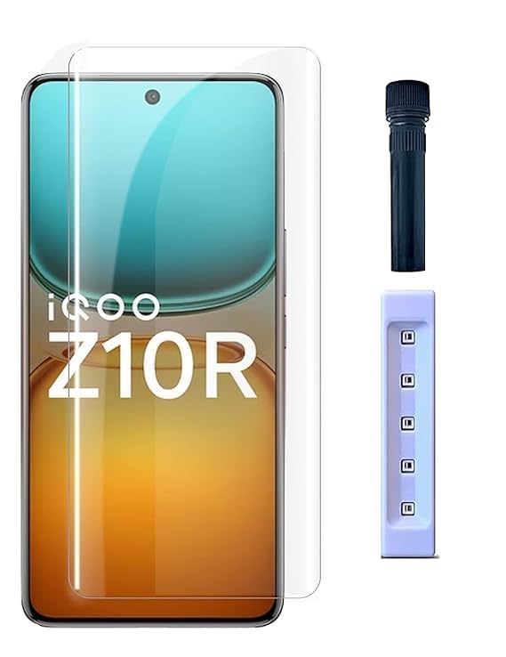 Image of BLACKSHEEP HD+ UV Tempered Glass Screen Protector Guard Compatible For iQOO Z10R 5G (6.77 Inch, Pack of 1) Full Adhesive UV Curved Case Friendly HD Clarity with easy installation kit