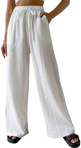Women High Waisted Crinkle Straight Wide Leg Loose Casual Long Pants