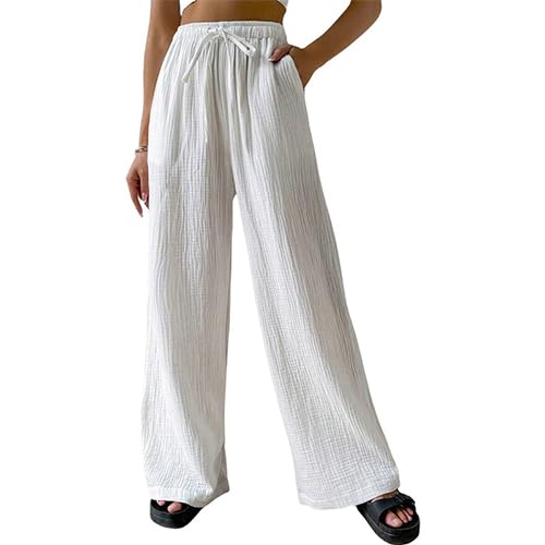 Women High Waisted Linen Cotton Crinkle Straight Wide Leg Loose Casual Long Pants​ White S
