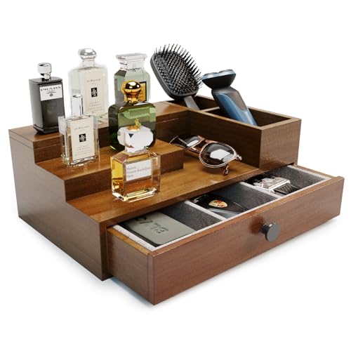 UUyuality Pine Wood Cologne Stand Organizer for Men, 3 Tier Cologne Display Shelf Organizer with Hidden Compartment and Velvet Lining Drawer, Perfume Display Holder (Brown, 01)