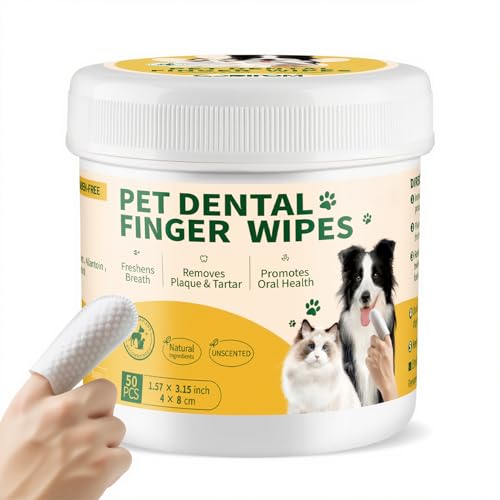 GLADFRESIT Dental Care Finger Wipes 50 Counts –Disposable Wipes for Dogs & Cats, Plaque & Tartar, Fresh Breath & Gum Health，All Natural Dog Toothbrush & Tooth Brushing Kit（Unscented）